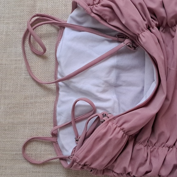 Pink Lily ruched seams square cut bandeau top one piece swimsuit rose SzM - Picture 7 of 11